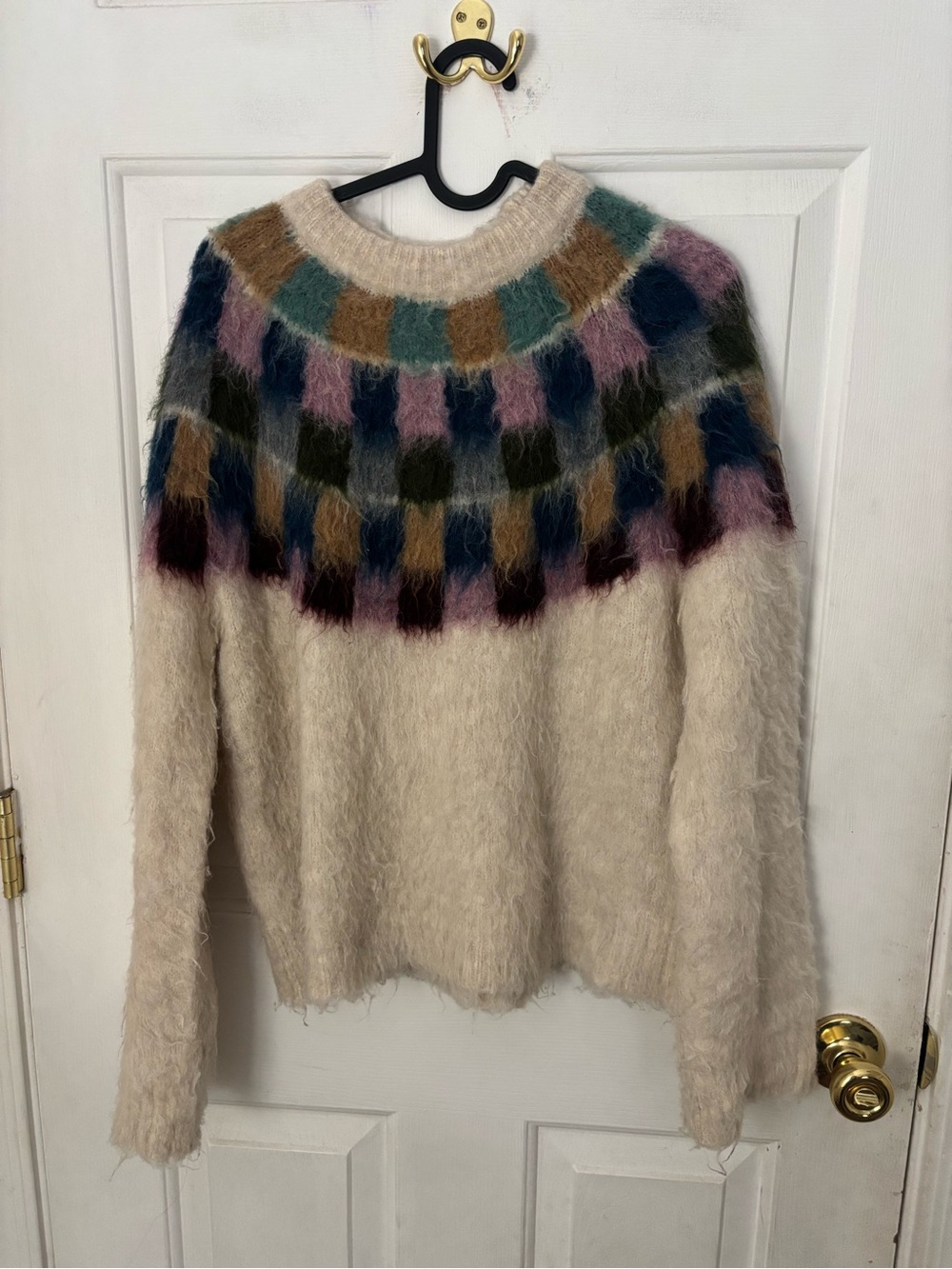 Madewell Cream Mohair-Blend Yoke Sweater with Multicolor Pattern